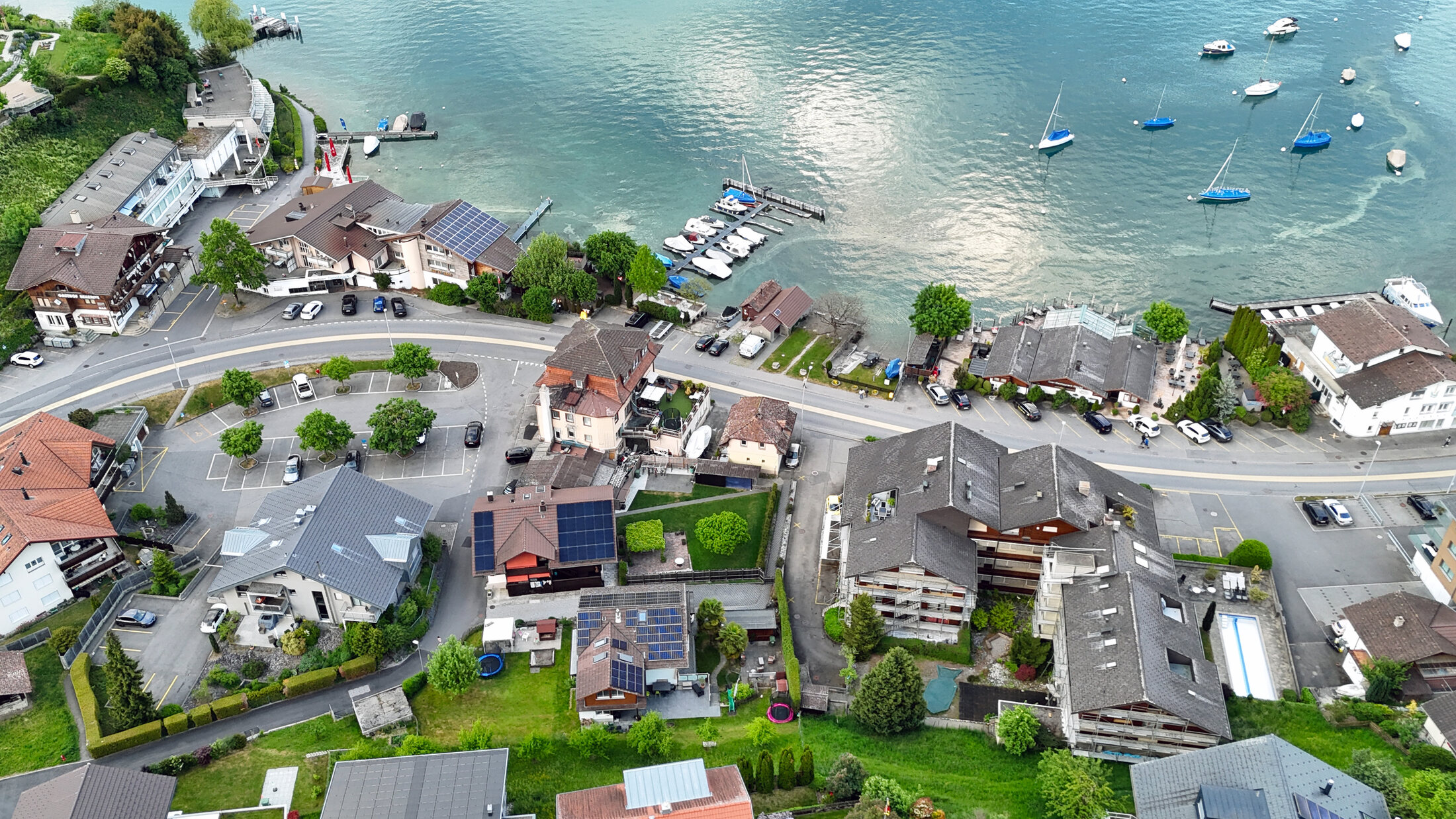 Aerial view of Faulensee and the Lake Thun shoreline